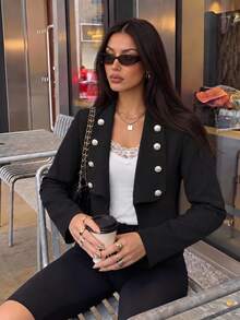 Women's Spring Autumn Winter Blazer, Elegant Vintage Black Metal Button Slim Fit Flattering Lapel Commute Versatile Small Suit Jacket - Black - View 1
