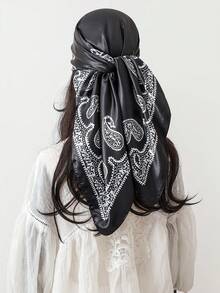 1pc Paisley Pattern Faux Silk Scarf For Women 90*90cm Printed Square Scarf Satin Shawl Fashion Scarf Headscarf - Black and White - View 2