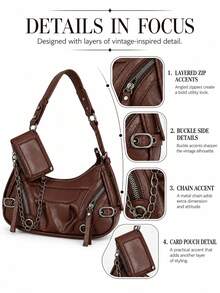 Brown PU Leather Y2K Motorcycle Bag, Women's Vintage Punk Multi-Pocket Shoulder Underarm Crossbody Bag, Motorcycle Style Handbag - Evonik - View 6