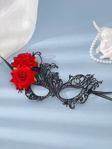 Black Lace Red Rose Masquerade Mask Hair Accessory, Suitable For Bridal Wedding, Bachelorette Party, Halloween Decoration - Black - View 5
