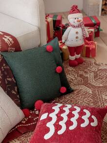 1pc/2pcs Christmas Color Block Pillow Case, Hunter Green Chenille Velvet White Pom Pom Button Cushion Cover, Dual Color Farmhouse Style Sofa Pillow Case, Suitable For Sofa And Living Room Fireplace, Holiday Winter Cozy Decor, Size 18x18 Inches, Pillow Insert Not Included - Red - View 6