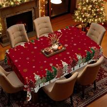 1pc Christmas Tablecloth - Red Vintage Festive Gold Snowflake Christmas Tree Print Design - Durable Polyester Fabric - Suitable For Rectangular, Round, Dining Tables - Party, Home, Restaurant Winter Decoration - Easy To Clean Holiday Decor - Multicolor - View 12