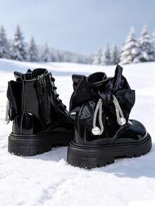 1 Pair Girls' Short Boots, Mirror PU + Fabric Bow & Pearl Decor, Round Toe, Elastic Soft Sole, Inner Zipper Design, Fashionable Cute Princess Style, Suitable For Daily, Holiday, Campus, Autumn/Winter New - Black - View 3