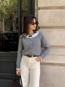 Elegant Women's Grey Cardigan Sweater With Delicate Contrast Lace Collar And Cute Bow, Perfect For Autumn/Winter - Grey - View 3
