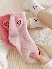 5 Pairs Autumn/Winter Mink Fur Heart Plush Cute Sweet Mid-Calf Socks, Thickened Warm Home Sleep Socks - Multicolor - View 3