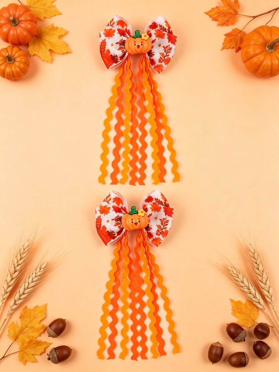 2PCS Thanksgiving Hair Bows For Girls, Pumpkin Leaf Barrettes With Curly Tails, Adorable Fall Hair Accessories For Kids Holiday Photo Props - Orange - View 1