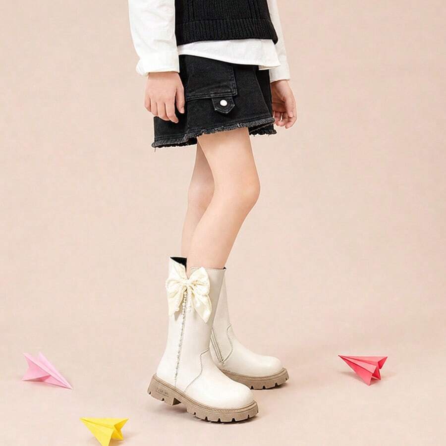 Girls' Sweet Style Pearl Bow Rhinestone Beige Side Zipper High-Top Boots, Suitable For Shopping And Matching With Autumn/Winter Outfits - Beige - View 1