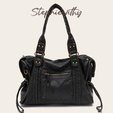 STEPHIECATHY Unisex Retro Casual Chic Street Style Washed PU Leather Tote Bag, Zipper Closure, Multi-Functional Pockets, - Black - View 8