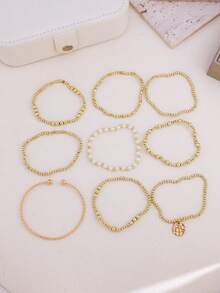 9pcs Bohemain CCB Faux Pearl Bracelet Set Cross Multi-Layer Stackable Bracelets For Women Vintage Party Wedding Jewelry Gifts - Yellow Gold - View 4