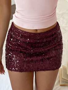 SCARLUX Fall Women Y2K Sequin Mini Skirt, Bodycon Skirt For Back To School, Daily Commute And Party - Burgundy - View 5