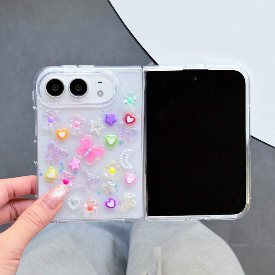 1pc Foldable Epoxy Floral World Butterfly Full Coverage Phone Case Compatible With Apple Duo - Multicolor - View 1