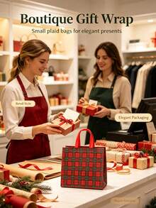 Christmas Plaid Non-Woven Gift Tote Bags, Reusable Waterproof Scottish Plaid Handbags With Red Handles, Christmas Holiday Plaid Pattern Gift Packaging Bags, Party Favor Bags - Multicolor - View 4