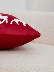 1pc Christmas Red Reindeer Embroidered Pillow Case, Suitable For Indoor Decoration, Christmas Decoration, All Season Pillow Case, Without Insert - Red - View 9