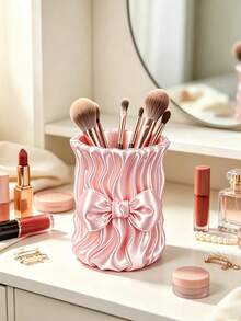 1pc Ins Style Bow Satin Makeup Brush Holder, Girly Desktop Makeup Storage Bucket - Multicolor - View 2