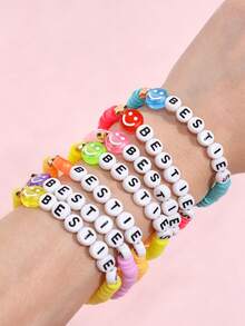 7pcs/Set Cute Smiling Face Letter Beaded Children's Bracelet Set, Colorful Elastic Stackable Bracelets, Sweet Girls Party Holiday Gift - Multicolor - View 2