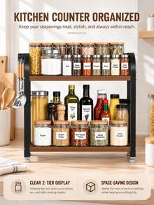 Wooden Kitchen Storage Rack, Vertical Double-Layer Kitchen Shelf, Double-Layer Large Capacity Storage, Adjustable Non-Slip Feet, Suitable For Kitchen Storage Tools, Corner Shelf, Spice Rack, Multi-Layer Large Capacity Storage Space, Can Store Bowls, Plates, Pots, Spice Bottles And Vegetables, Coffee Station For Cups And Coffee Beans, Kitchen Sauce Bottle Organizer, Cosmetic Countertop Organizer - Multicolor - View 3