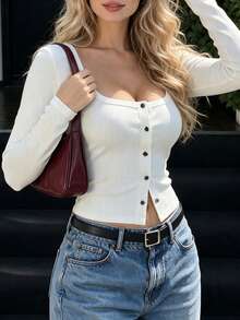 minisummer Women Elegant Fall White Ribbed Cropped Long Sleeve Top, Square Neck Front Button Fitted Blouse, Fall Clothes For Women - White - View 7