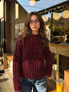 SUNSTORY Women's Autumn Burgundy Cable Knit Sweater, Round Neck 3D Pom-Pom Loose Pullover Top, Casual Basic Style, Suitable For Outings, Graduation Ceremonies, Concerts, Daily Commute - Burgundy - View 4