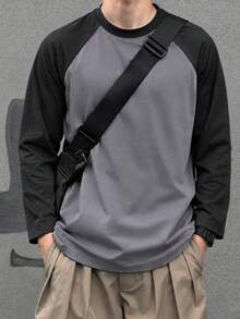 Men's Patchwork Raglan Sleeve Crew Neck Long Sleeve T-Shirt, Autumn/Winter New Base Layer, Sports Fitness Casual Contrast Color Top - Dark Grey - View 2
