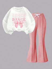 Young Girl Bow Pattern Print Round Neck Long Sleeve Top And Flared Pants - White - View 2