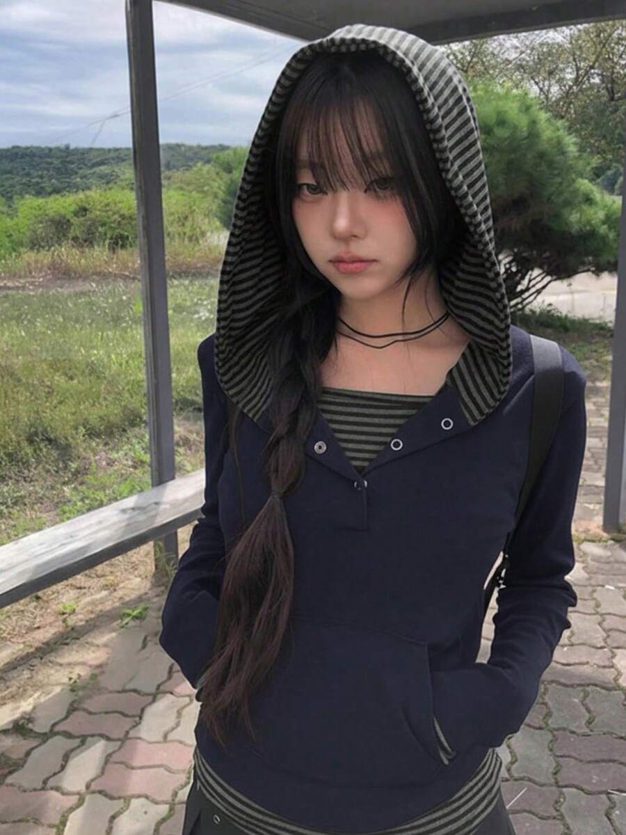 YCYC Korean Style Autumn/Winter Striped Patchwork Button Hooded Long Sleeve T-Shirt Top For Women - Navy Blue - View 1