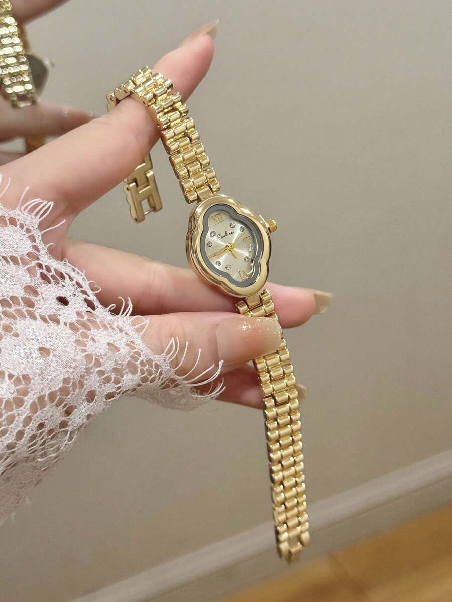 1件優雅雲朵造型白色錶盤極簡混搭時標金色女款石英手錶，適合日常配戴 - 金色 - 查看 1