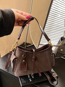 Vintage Meillard Colorblock Tote Bag, Bright Line Accents, Gold Buckle, One Shoulder Crossbody Commuter Women's Bag - Coffee - View 6