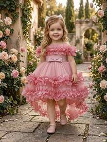 Baby Girls Round Neck Small Bow 3D Ruffle Mesh Cute Flower Girl Train Dress Suitable For Party, Headband Not Included - Dusty Pink - View 3