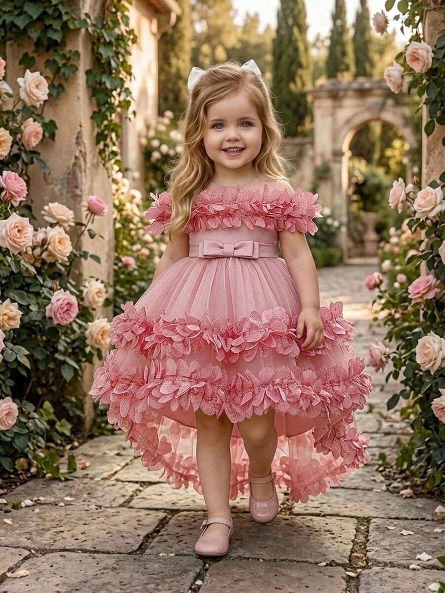 Vestido de Princesa para Niña Bebé con Cuello Redondo, Pequeño Lazo, Volantes 3D de Malla, Lindo Vestido de Niña Flor con Cola para Fiesta de Noche, Fiesta de Cumpleaños, Vestido de Niña Flor, Navidad, Diadema No Incluida - Rosa vieja - Ver 1