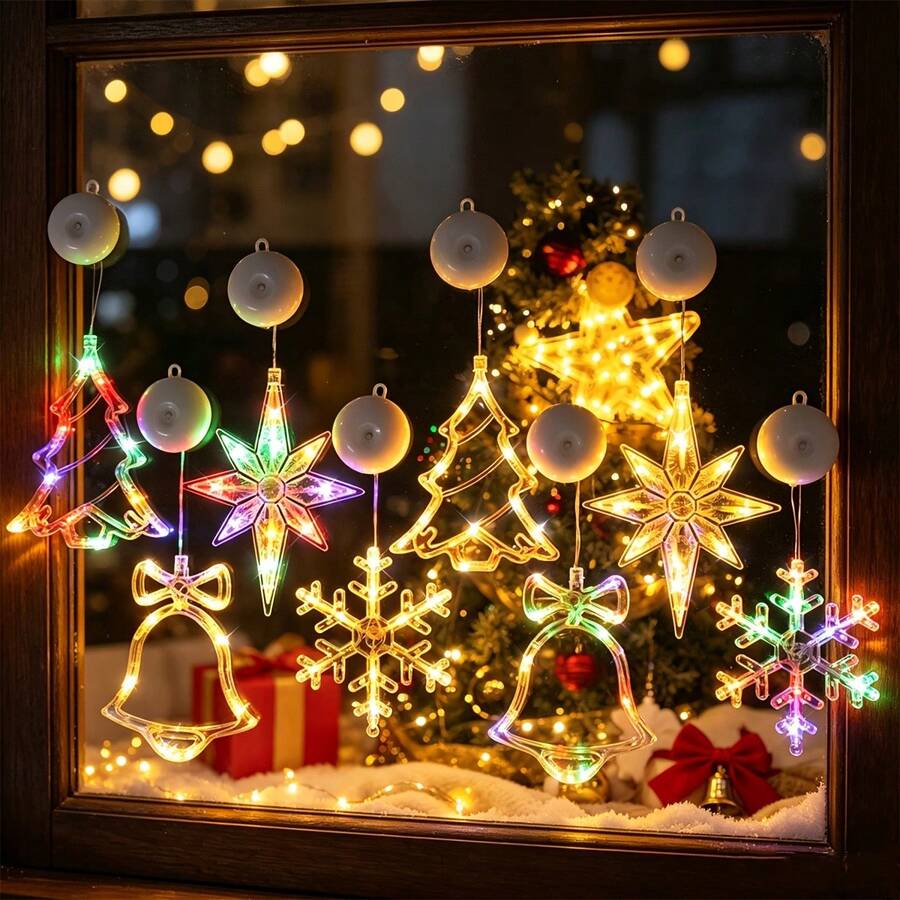 4pcs Christmas Hanging Suction Cup LED String Lights Set, North Star, Snowflake, Christmas Tree, Bell Shapes, Suitable For Windows, Curtains, Battery Operated, Party Decoration Christmas Lights (Batteries Not Included)