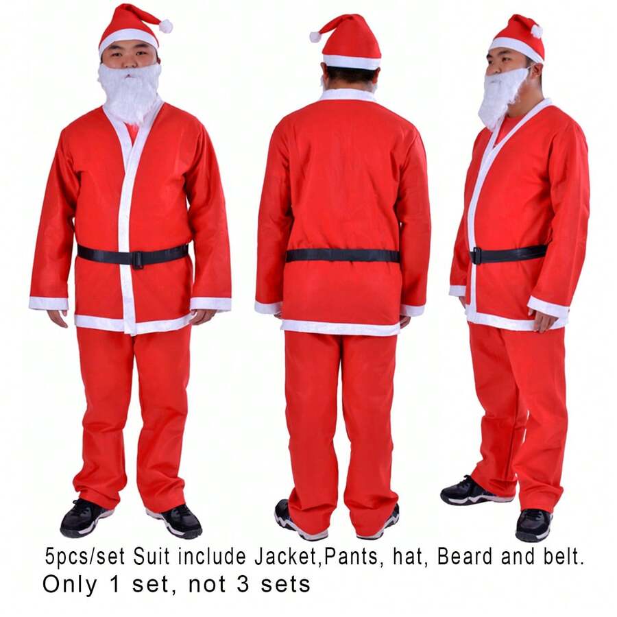 1set Red Felt Cosplay Christmas Costumes, Unisex Adult Size Free Disposable Santa Claus Costume Drawstring Men Santa Outfit Suit For Decor Outdoor - Red - View 1