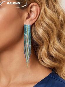 New Luxury Style Pink & White Gradient Full Rhinestone Tassel Earrings For Women, Long Multi-Layer Chain Design, Versatile Earrings For Evening Gowns & Formal Events - Teal Gradient - View 4