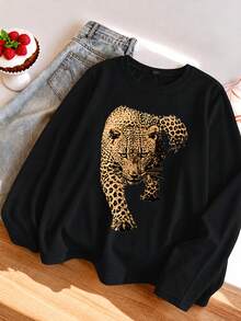 1pc Tween Girls American Vintage Realistic Money Leopard Long Sleeve T-Shirt Black Cool Street Style Unisex Loose Top Spring Autumn - Black - View 2