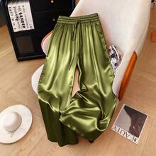 1pc Solid Color Woven Fabric Drawstring Waist Pants, Suitable For Holiday, School, Party, Airport, Stage And Concert Wear, Autumn/Winter With Shiny Finish Spring - Army Green - View 7