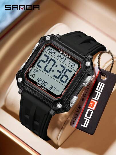 SANDA Fashion Digitaluhren für Herren und Damen, quadratische LED-Leuchtuhr mit Kalender, 50M wasserdicht, Outdoor-Sport-Lässig-Unisex-Armbanduhr für Damen