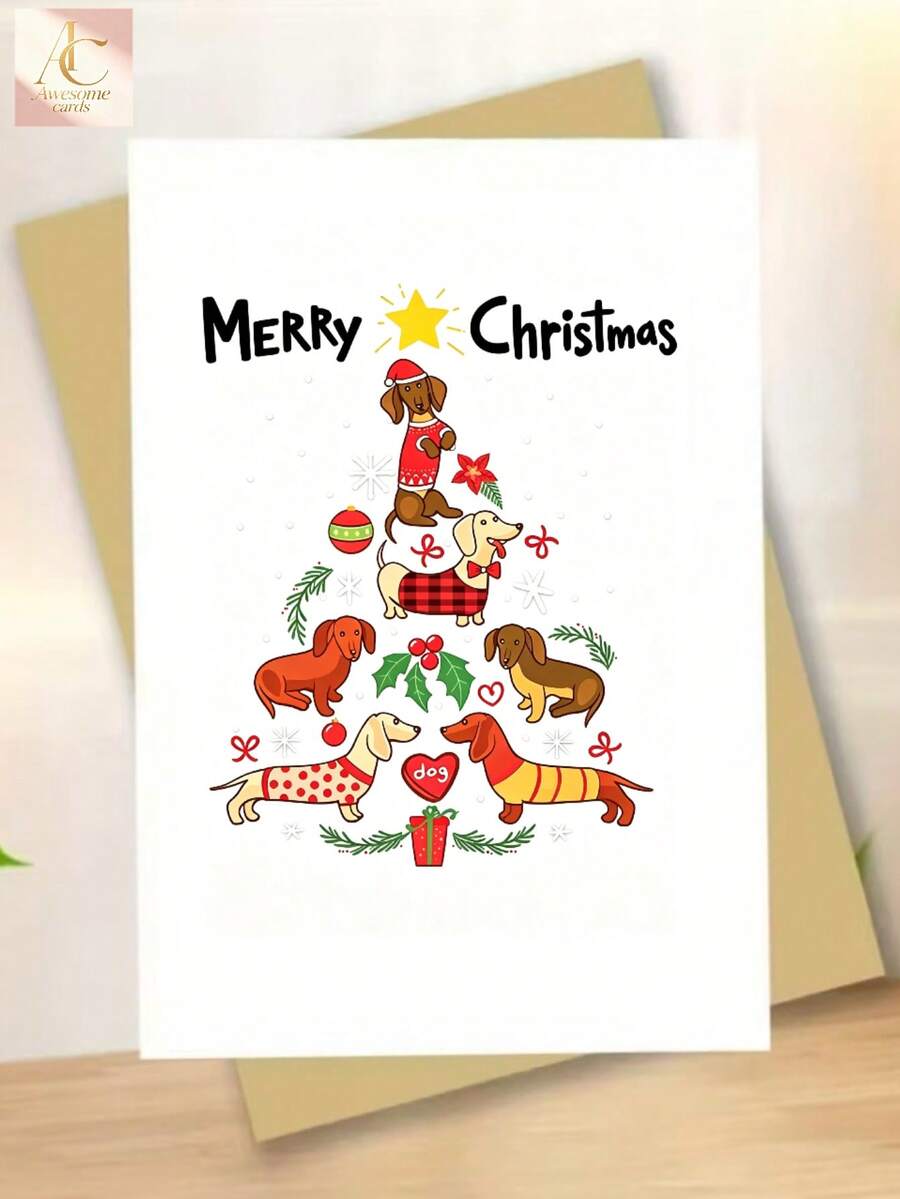 1pc Dachshund Christmas Card - Adorable Dog Breed Greeting Card For Xmas, New Year & Birthdays, Cute Puppy Paper Card For Dachshunners - One Size Fits All - View 1