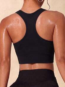 Women's Seamless Knit High Elastic U-Neck Racerback Sports Tank Top Gym Fitness Workout Sleeveless Cropped T-Shirt - Black - View 3