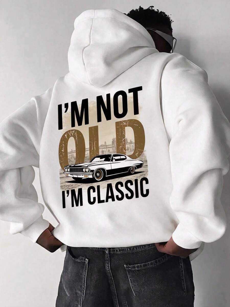 Men's White Vintage Car Print Hoodie, Retro Loose Casual Pullover - White - View 1
