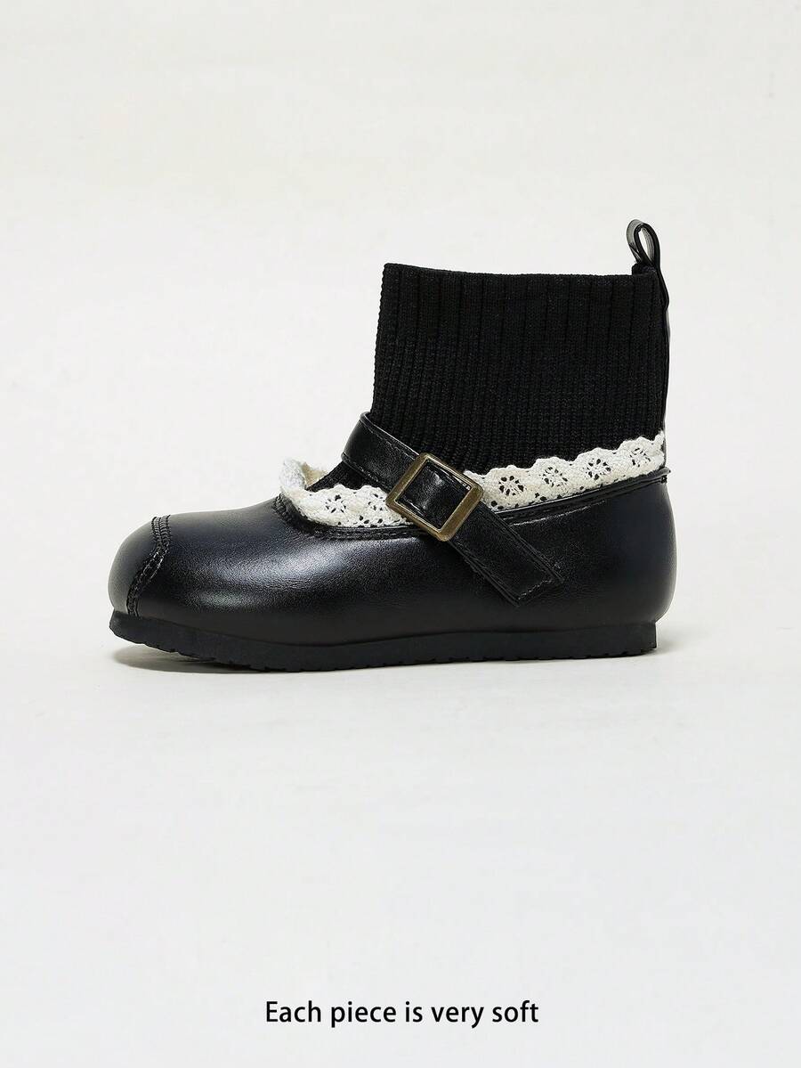 Baby Girl Vintage Mary Jane Shoes, PU Leather Lace-Up Knitted Socks Soft Sole, Autumn/Winter - Black - View 1