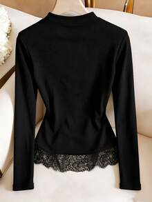 2026 Solid Color Knit Fabric Lace Patchwork Split Hem Regular T-Shirt, College Daily Office Home Spring Summer - Black - View 2