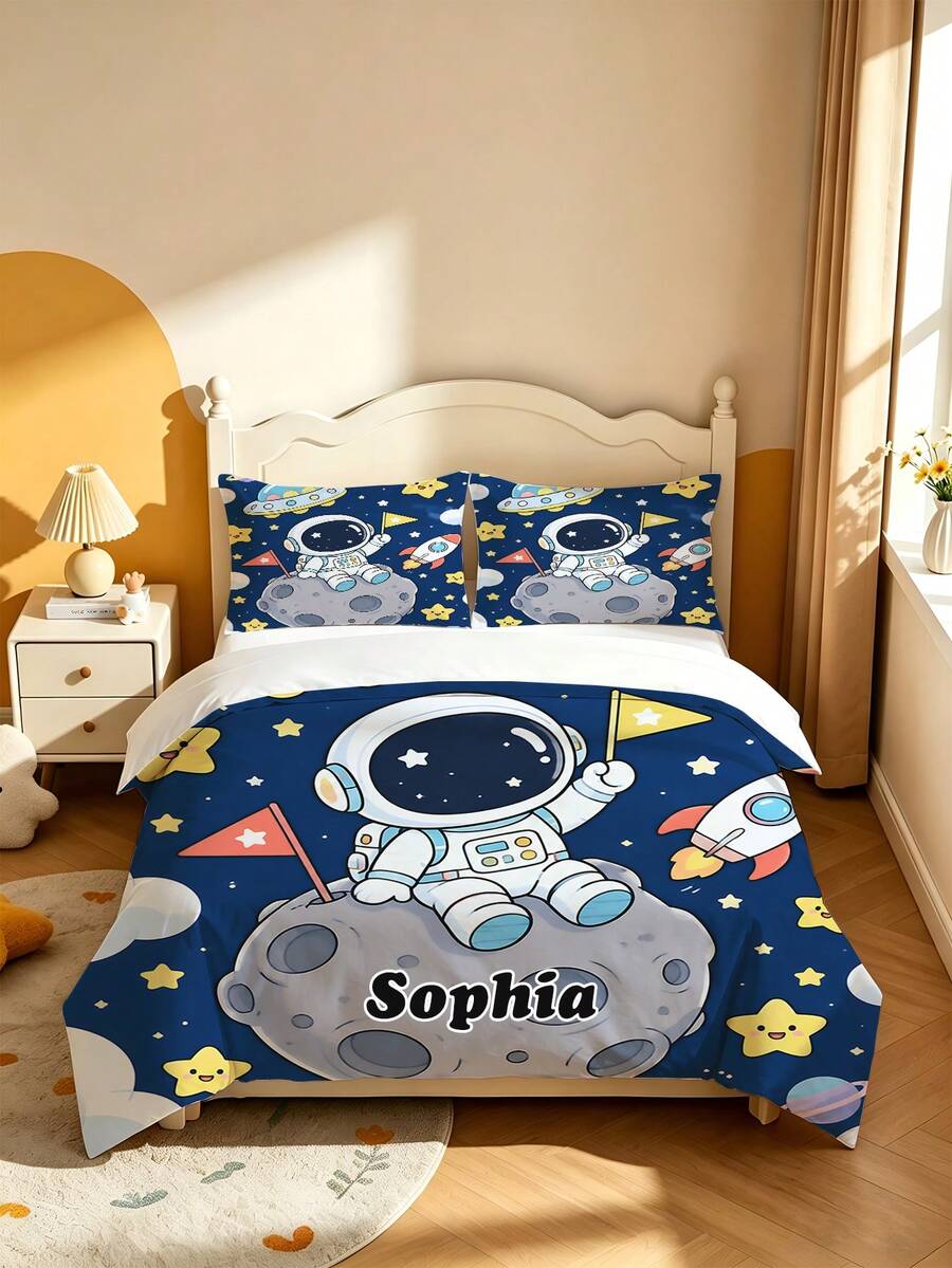 2/3件客製化姓名卡通太空人月球火箭星星印花個性化被套,深藍色太空主題聚酯纖維床單被套(不含填充物),男孩女孩臥室裝飾,多尺寸可選 - 彩色 - 查看 1