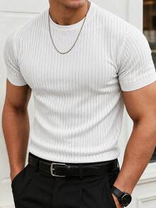 Suéter de punto blanco liso con cuello redondo y manga corta, acanalado vertical, ajuste ceñido, textura casual, para verano, primavera y otoño - Blanco - Ver 6