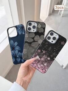 3件組極簡花卉圖案個性化霧面荔枝紋理全包防摔TPU手機殼，適用於Apple 17 16 15 14 13 12 11 Pro Max A55/54/53/52/51 S25/24/23/22/21系列 - 彩色 - 查看 3