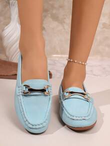 Sepatu Loafer Slip-On Serbaguna Wanita Warna Biru Muda dengan Desain Kacang - Cadet Blue - View 3