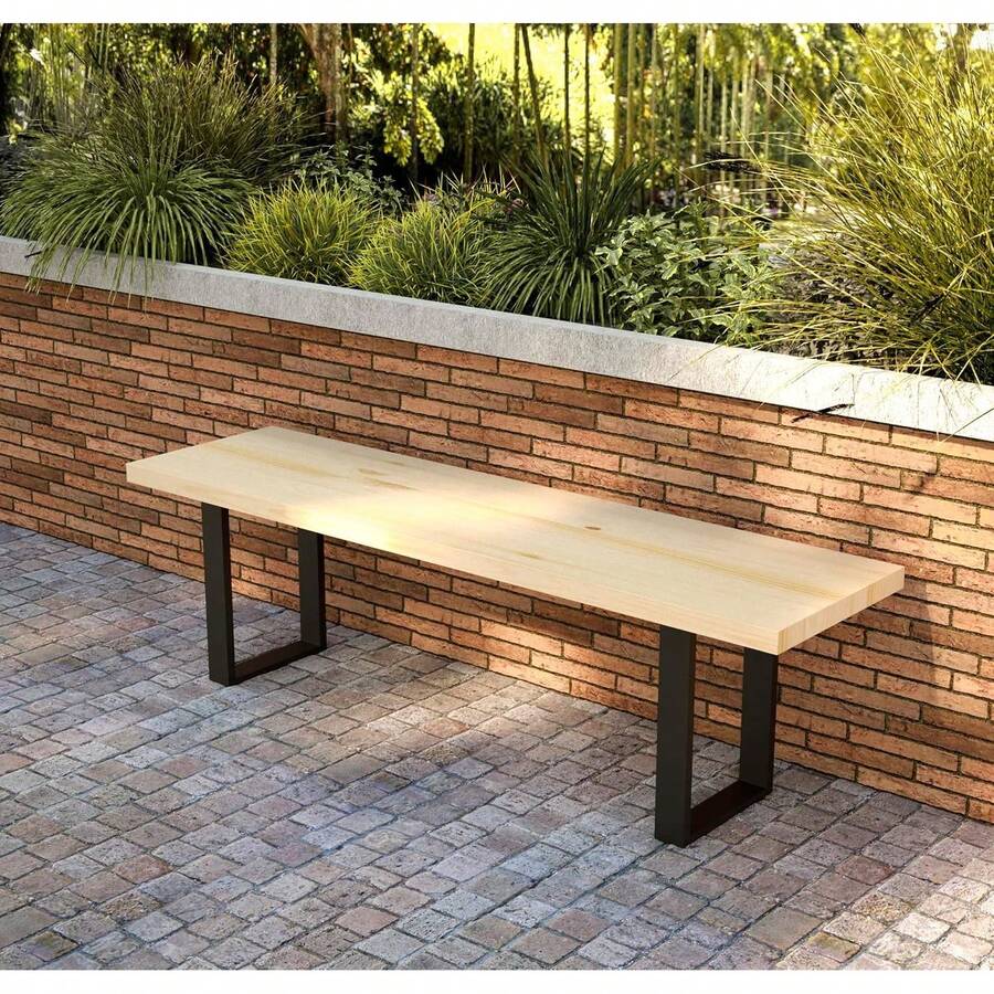Elegante Banca Resistente Exterior de Madera Maciza y Metal.Pie de Cama King Size, Comedor, Terraza, Jardín.Estilo Moderno Minimalista.(Pino Natural G 1.50 m) - Amarillo - Ver 1