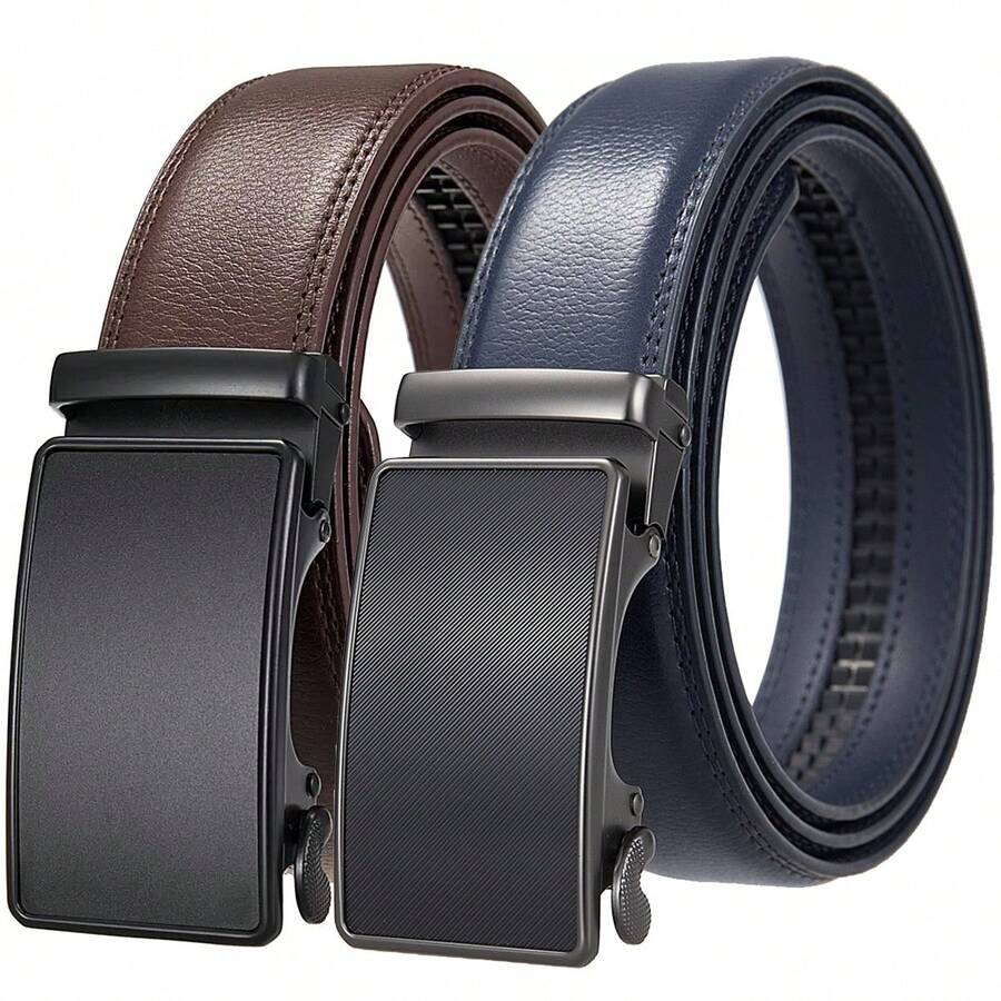 Genuine Leather Automatic Buckle Belt For Men, Cowhide Formal Belt, Simple Business Style, Adjustable Length, Ideal Gift Choice For Summer, Autumn, Christmas And Winter - 163-186 - View 1