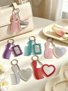 Glitter Keychain Mirror Comb Set, Cute Mini Pocket Mirror With Hairbrush Keychain, Portable Acrylic Makeup Mirror Keychain, Suitable For Girls And Women, Backpack Charm Gift - Multicolor - View 2