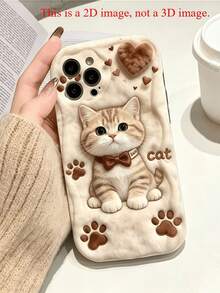 Cream Wavy Edge Phone Case, Cream Color Wavy Frame Phone Case, 2D Printed Plush Texture Tiger Cat With Bow, Paw Print, Heart Pattern Anti-Drop Soft TPU Phone Case, Compatible With Apple 11, 12, 13, 14, 15, 16, 17, 18 Pro Max. Beautiful Phone Case Suitable For Women And Girls, Compatible With Galaxy, Honor, Phones - White - View 3