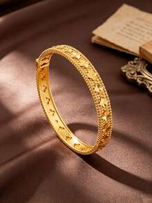 Letingsha 1pc Luxury Vintage Gold-Plated Four-Leaf Clover Pattern Bracelet Suitable For Women's Daily Wear And Wedding Accessory - Yellow Gold - View 8