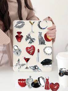 50Pcs Silver Millennium Y2K Stickers Retro Aesthetic Leopard Print Metallic Heart Graffiti Stickers For Water Bottle Luggage Phone Notebook Guitar DIY Crafts Stickers - Multicolor - View 7